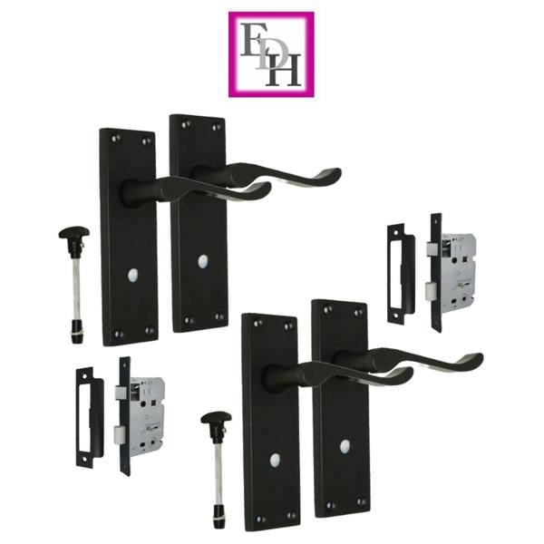EDH Door Hardware Matt Black Modern Victorian Scroll Bathroom Door Handles and Bath Lock 2 Pairs
