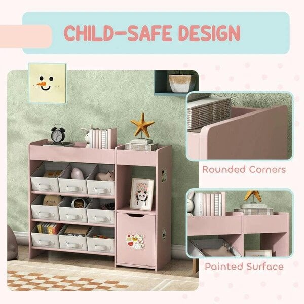 Bobobiy Kids Toy Storage, 9 Removable Fabric Bins, Wooden Toy Storage Units for Toys and Books for Bedroom, Nursery, Pink