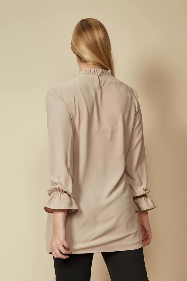 Hoxton Gal Oversized Tie Ruffle Neck Top with Tie Waist Detailed in Beige