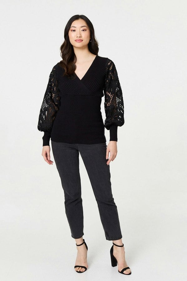 Black | Floral Lace Puff Sleeve Fitted Knit Top
