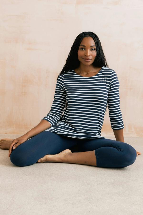 Lily & Me Coastal 3/4 Sleeve Jersey Stripe Tunic Navy