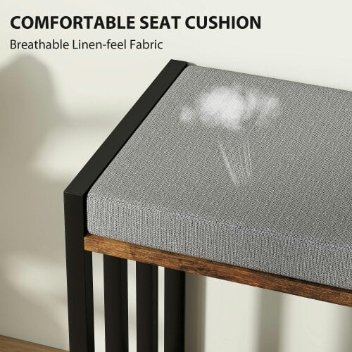 Wyld Haus Soli Wooden Rustic Brown Upholstered Shoe Bench With 3 Shelf and Grey Padded Seat