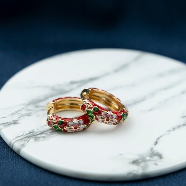 The Colourful Aura Large Enamel Huggie Multicolour Rainbow Dainty Floral Hoop Earrings