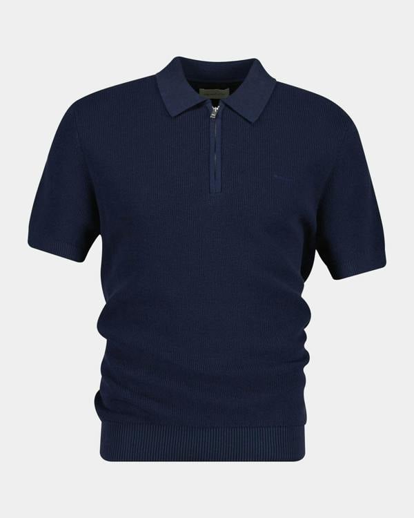 GANT Mens Cotton Rib Half Zip Polo Shirt - 433 Evening Blue | CHO | Designer Mens Short Sleeve Polo Shirts