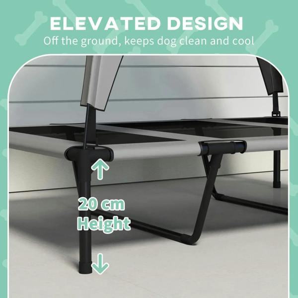 Elevated dog bed with 20 cm height on legs, arched canopy frame, light grey mesh