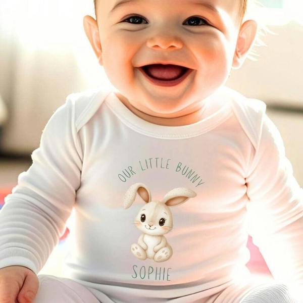 Personalised Little Bunny Baby Grow, Vest or Bib with Name