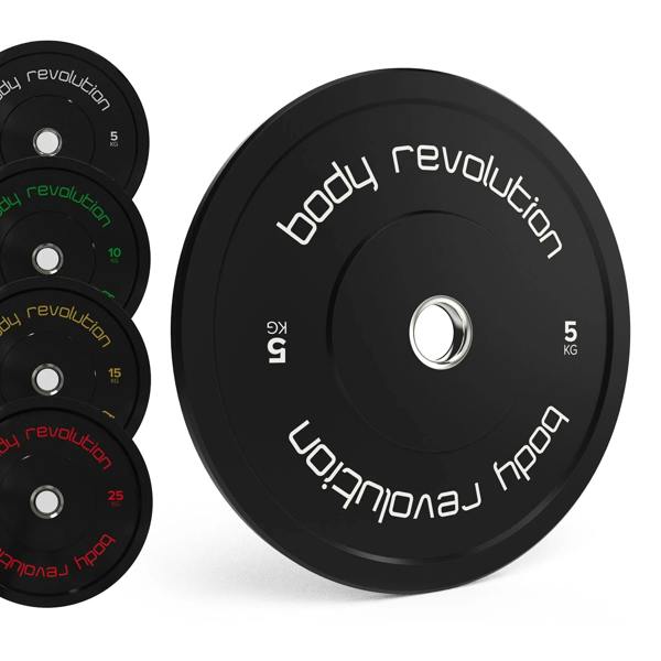 Body Revolution Olympic black bumper plate bundle featuring 5kg, 10kg, 15kg, 20kg, and 25kg plates with a textured finish