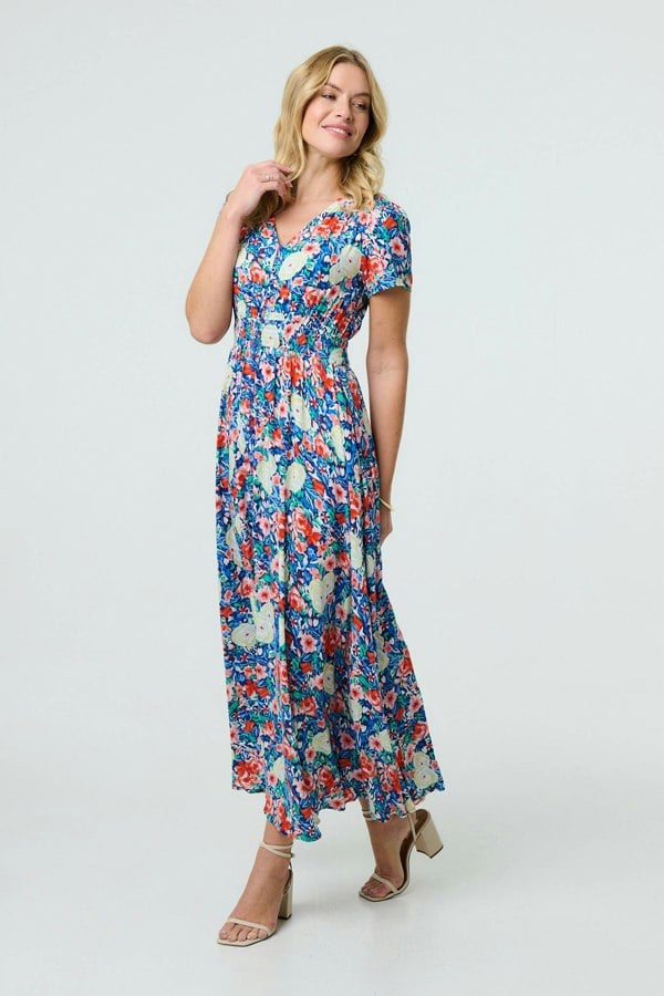 Blue | Floral Short Sleeve Maxi Smock Dress
