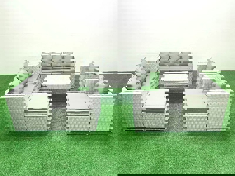 Fimous Outdoor Garden Furniture Rattan Sofa Set with 2 Armchairs Oblong Coffee Table 2 Big Footstools Side Table Light Grey Mixed