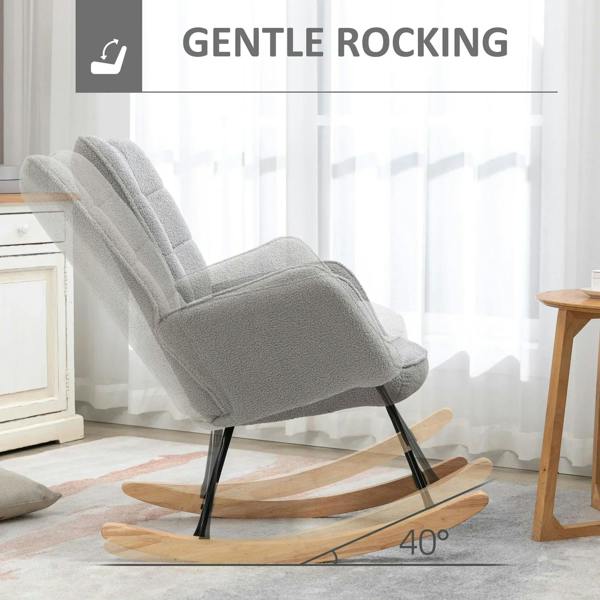 Light grey sherpa-look rocking chair with wingback arms and curved wood rockers