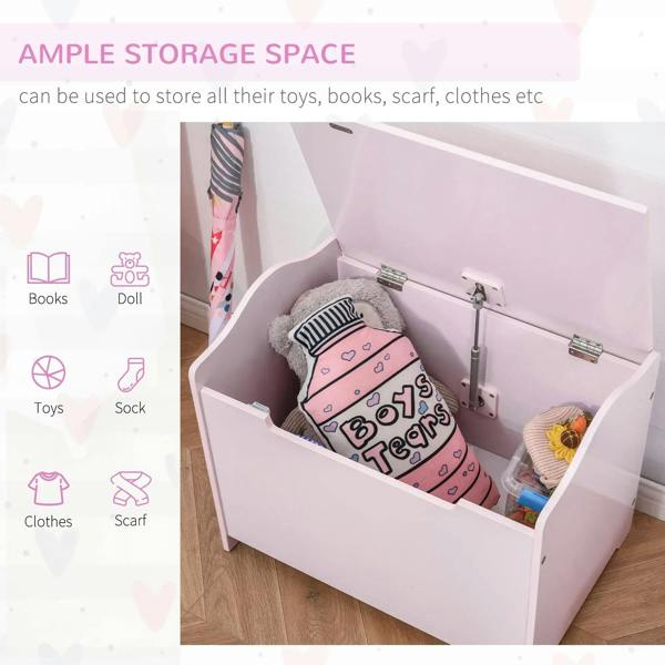 Pink wooden toy box open with storage interior for toys, books, and accessories.