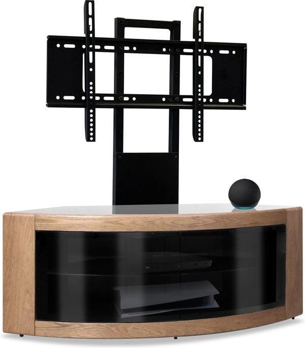 Centurion Supports PANGEA Black/Oak Beam-Thru Curved True-Corner 32"-50" TV Cabinet with Mounting Arm