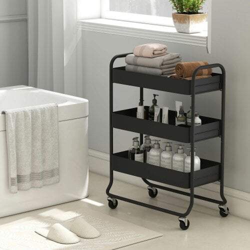 Wyld Haus Rakemi Metal Black 3 Tier Rolling Utility Trolley With Mesh Baskets