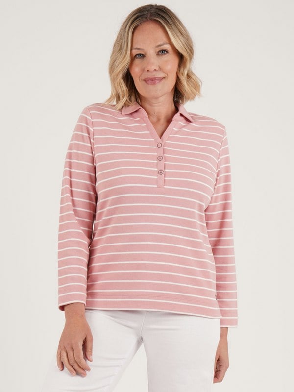 PennyPlain Henley Striped Polo Top - Dusk/ivory