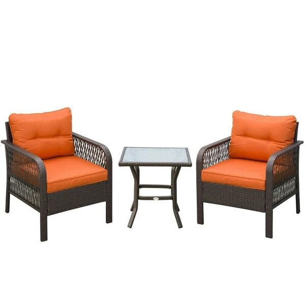3 Pieces Rattan Bistro Set with Glass Top Coffee Table, Chairs and Cushions for Outdoor, Patio, Balcony, Orange