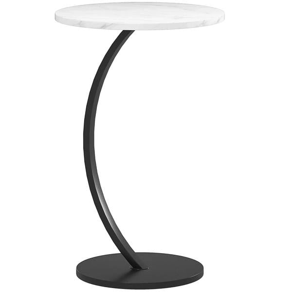 C-shaped side table with round marble-effect top and black metal C-frame