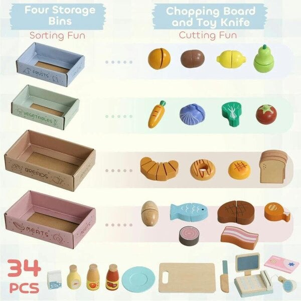 Bobobiy Wooden Toy Shop, Wooden Market Stall with Cash Register, Blackboard and Toy Food, 4 Storage Boxes, Ages 3+, Green