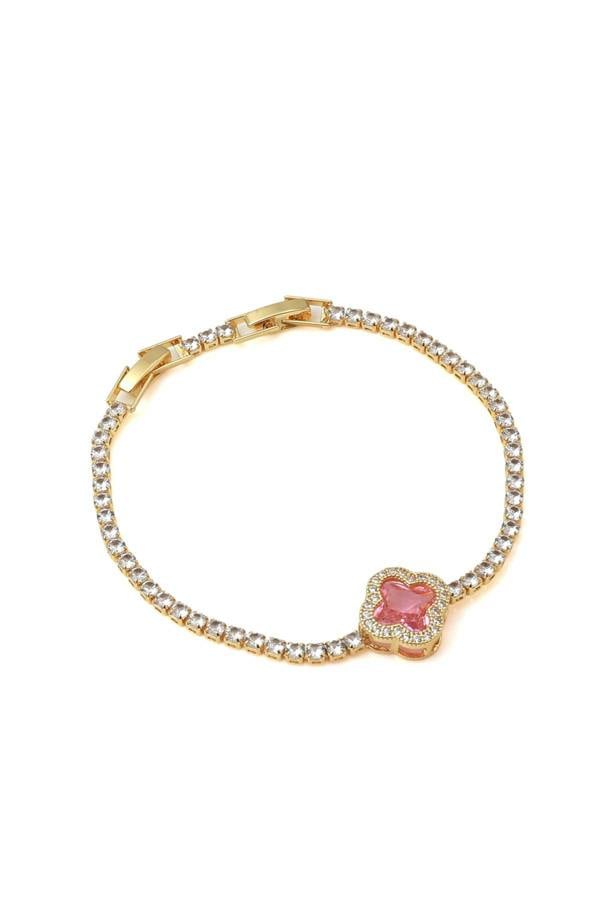 Say It With Single Clover Tennis Bracelet Pink Stone - Yellow Gold
