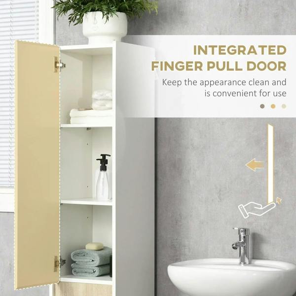 White cabinet door open with integrated gold finger-pull handle and 5-tier shelves