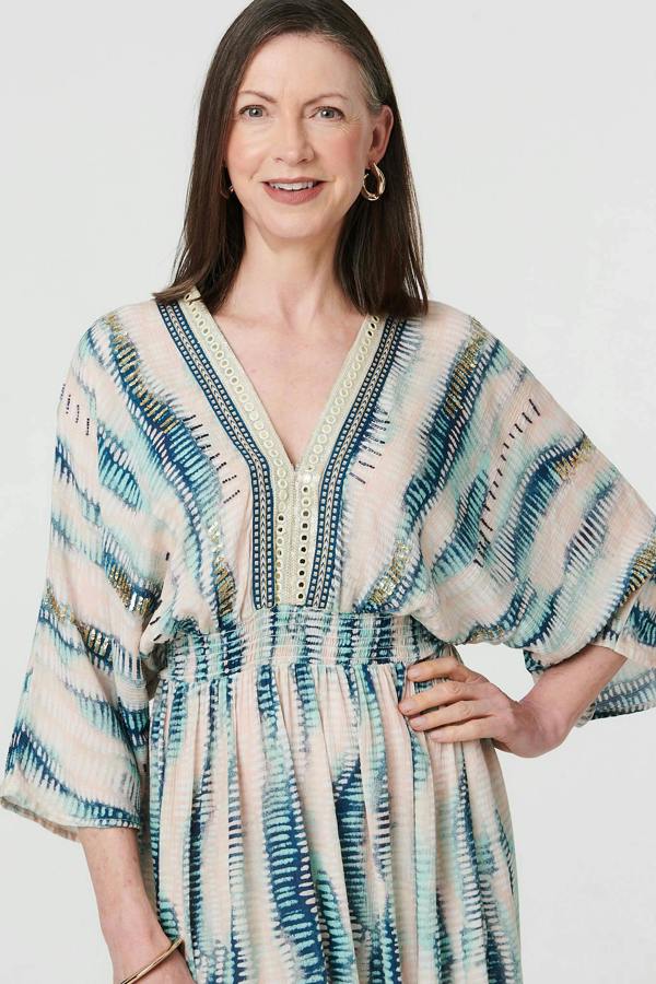 Blue | Printed 3/4 Sleeve Empire Maxi Dress