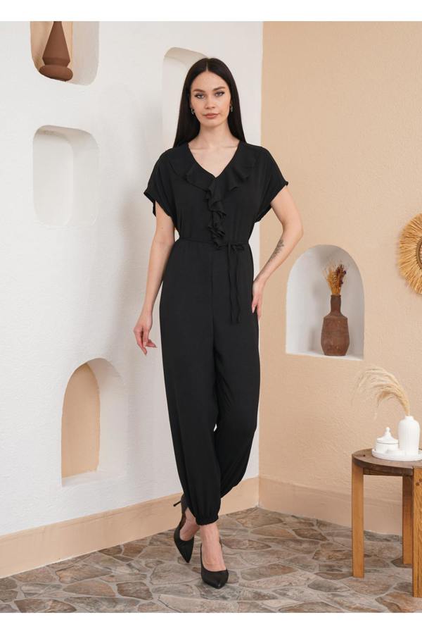 Hoxton Gal Oversized Short Sleeves Frilled Front Jumpsuit in Black
