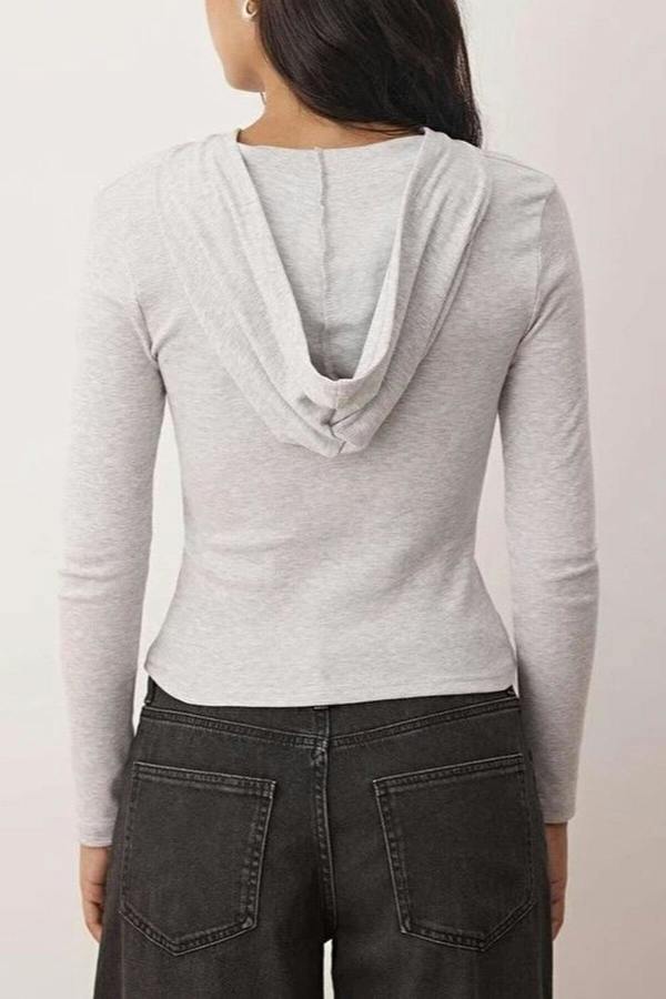 WOVCOR Ribbed Buttoned Knit Blouse with Hood