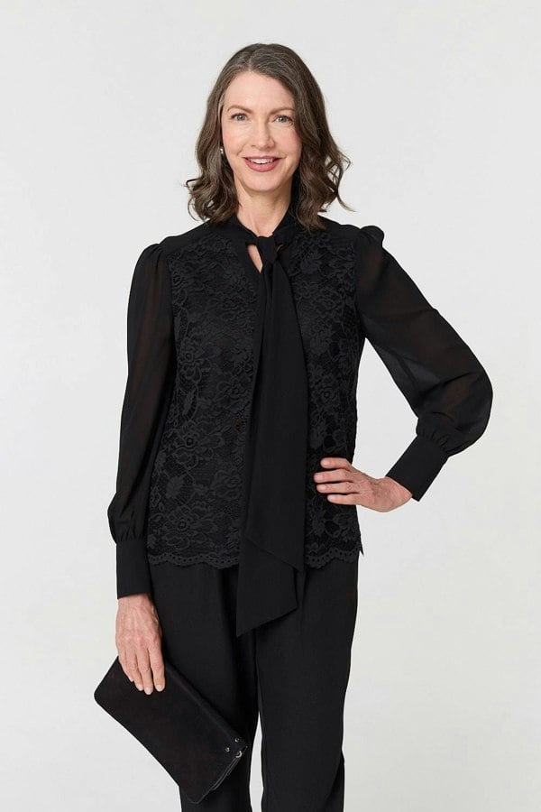 Black | Floral Lace Semi Sheer Textured Blouse
