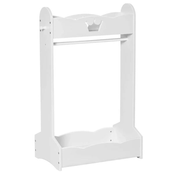 White kids clothing rail with crown top shelf and lower storage bin, freestanding rack