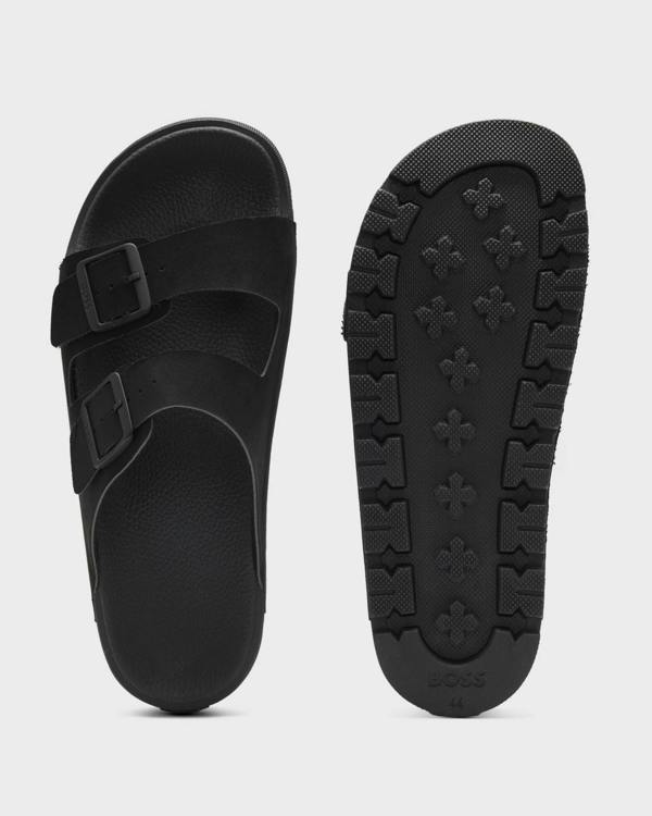 Pair of BOSS Orange Surfley Mens Twin-Strap Slides with Branded Buckles in Black 001 - Top and sole