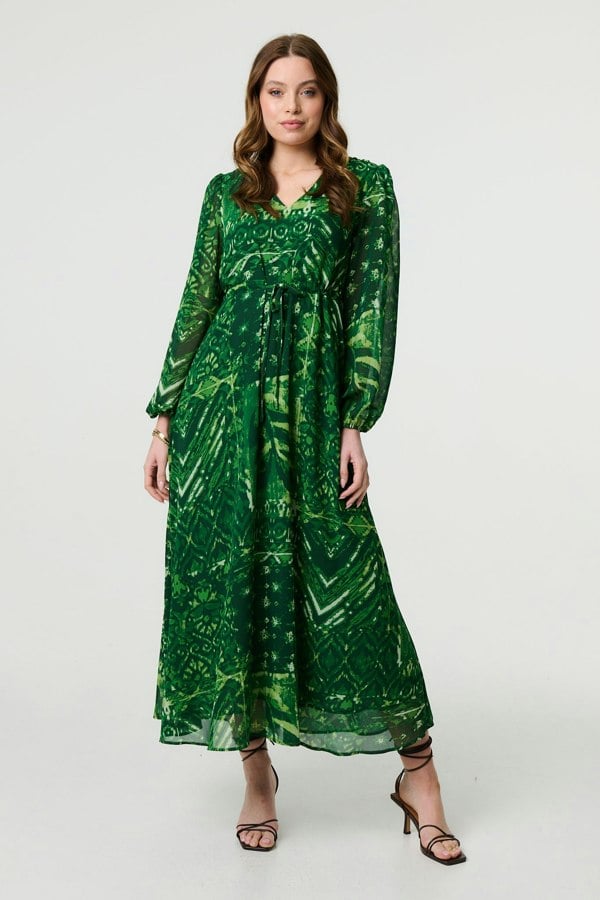 Green | Printed Semi Sheer Empire Maxi Dress
