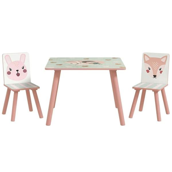 Kids table set with two pink chairs, animal face panels, and light wood legs