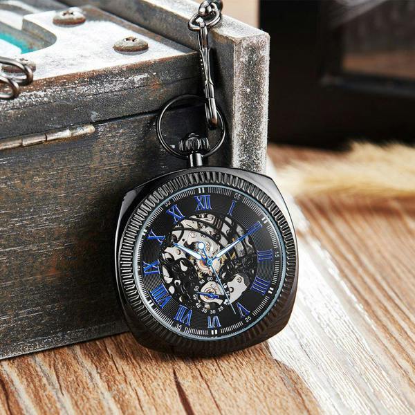 Infinity Leather Mechanical Vintage Skeleton Square Open-Face Pocket Watch