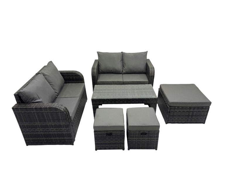 Fimous 3 Seater Sofa Reclining Chair Coffee Table Set Rattan Garden Outdoor Furniture Set with 3 Stools Dark Grey Mixed