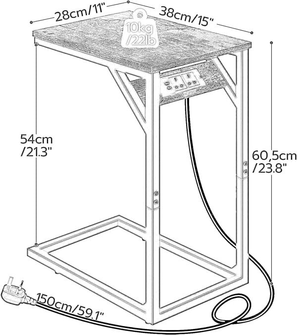 Rafaelo Mobilia C Shaped Table With USB Ports & Power Outlets