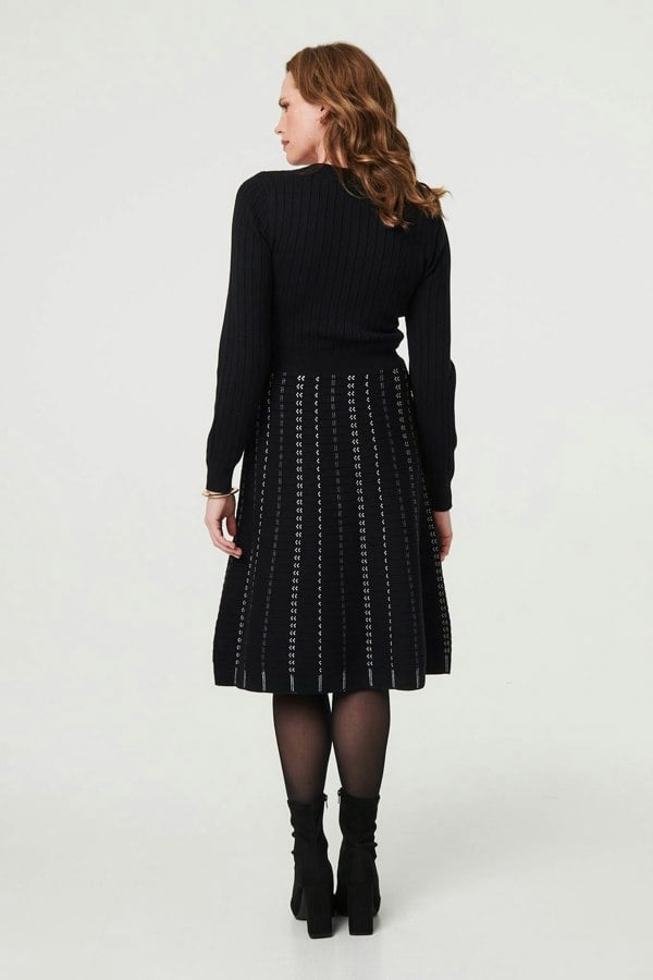 Black | Striped Long Sleeve Midi Knit Dress