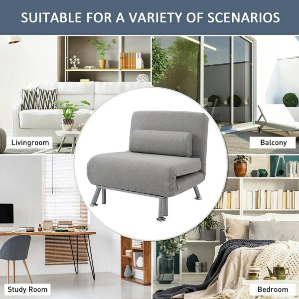 Grey adjustable back futon sofa chair, compact seat with padded backrest on metal legs