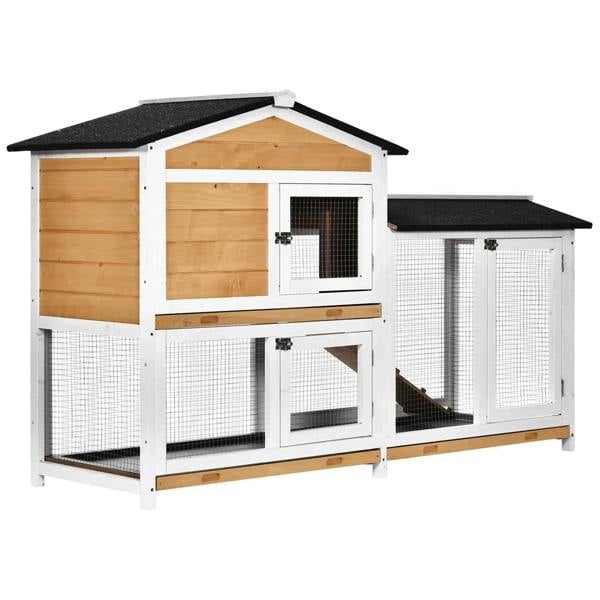 Wooden rabbit hutch with enclosed house and two fenced run areas, white frame and wire mesh
