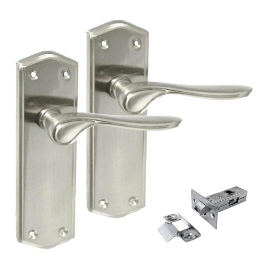 EDH Door Hardware Satin Nickel Internal Door Handles with Long Back Plate - Stellar Design (1 Pair of Handles + Tubular Latch)