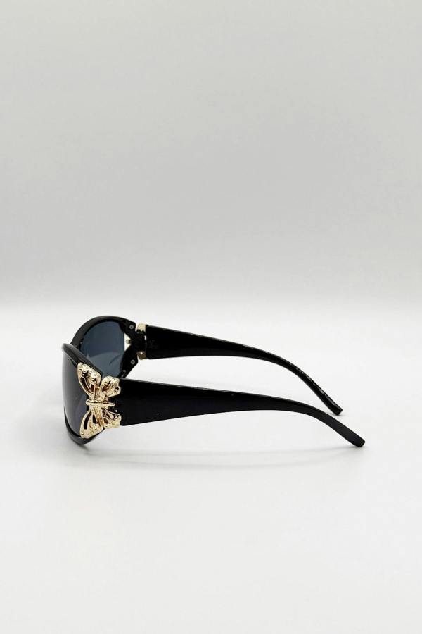 Vintage Wrap Around With Butterfly Detail Sunglasses In Black - svnx