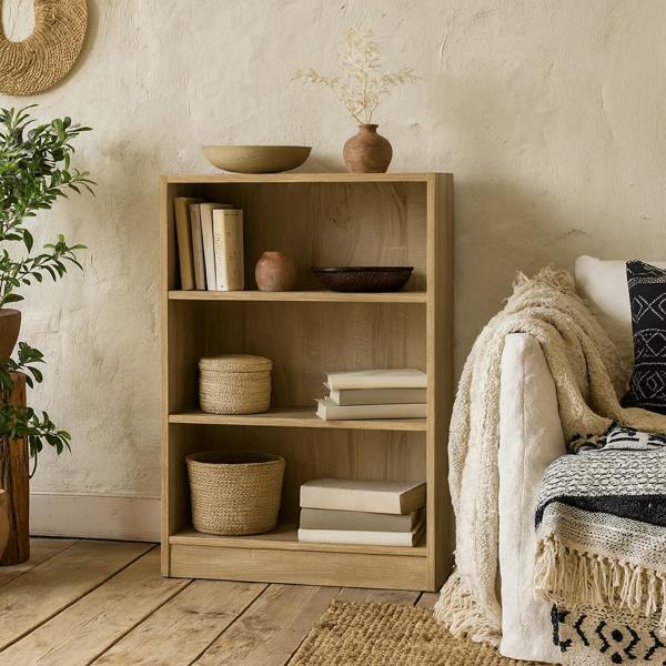 Wyld Haus Amberfern Natural Oak Wood Low Wide Bookcase 2 Shelves