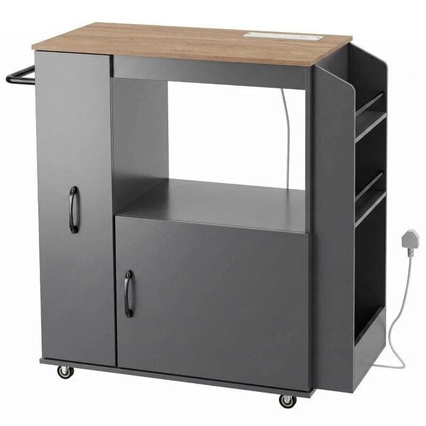 Kitchen Trolley on Wheels, Rolling Kitchen Island Cart with Power Outlet, Cabinet, Pull-Out Drawer, Grey