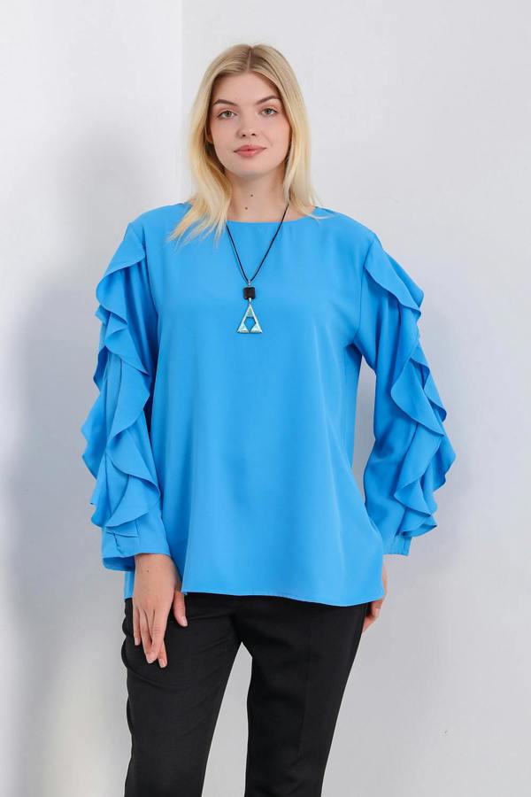 Hoxton Gal Oversized Ruffle Sleeve Relaxed Fit Top In Blue