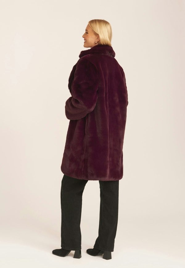 Gini London Plum Faux Fur Lapel Collar Longline Coat