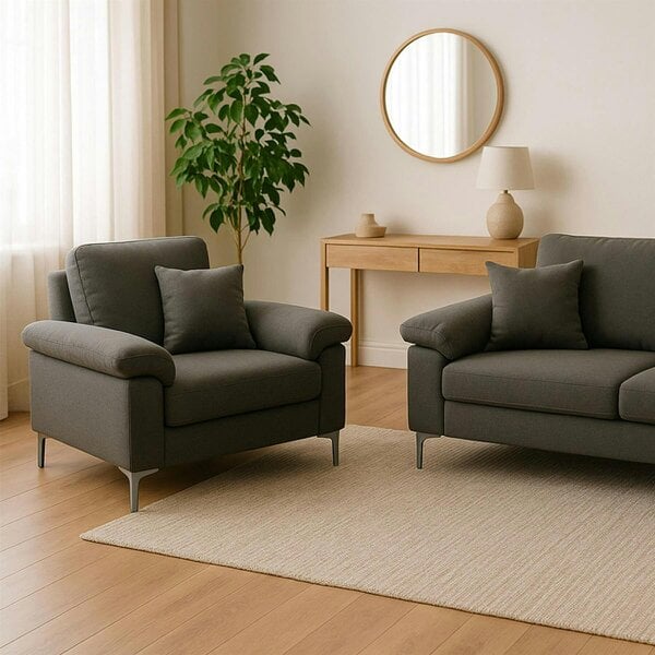 Kosy Koala Modern Grey Fabric Sofa Set 2 1 Seater with Chrome Legs And Cushions