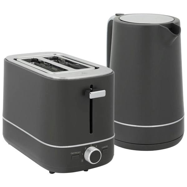 Grey countertop kettle and 2-slice toaster set with browning control dial