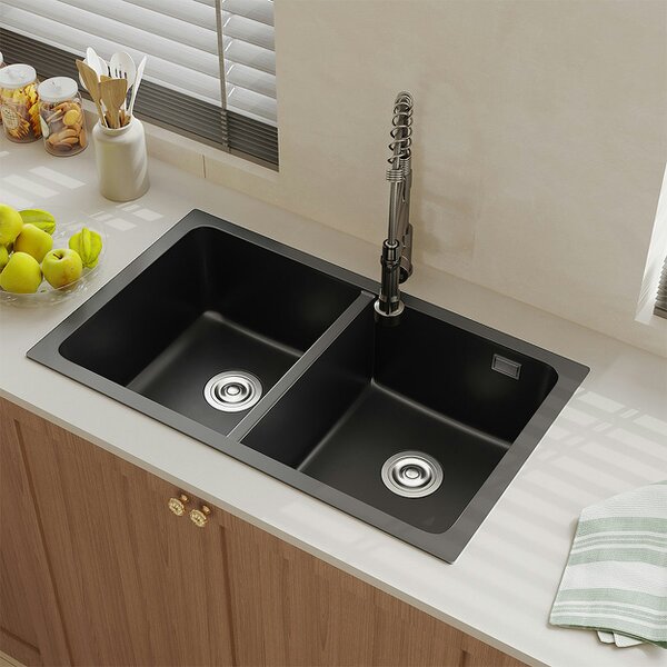 Living and Home Quartz Double Bowl Undermount Kitchen Sink