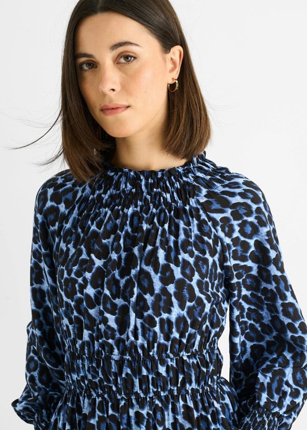 Gini London Blue Animal Print Shirred High Neck Maxi Dress