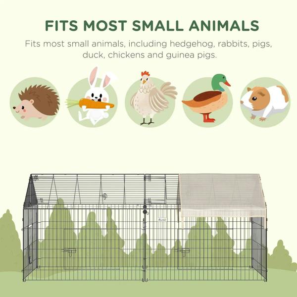 Rectangular metal small-animal playpen with beige roof and dark arched corner