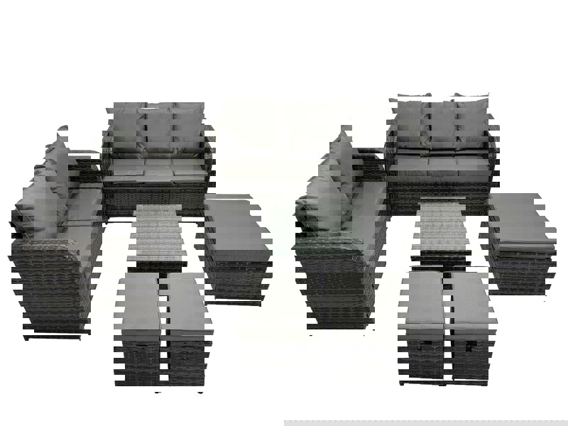 Fimous Wicker PE Rattan Garden Outdoor Furniture Set Love Sofa Square Coffee Table Set with 3 Stools Dark Grey Mixed