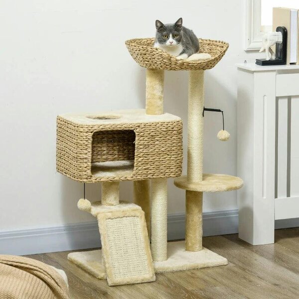 95cm Cat Tree Tower for Indoor Cats, with Scratching Post, Cat House, Toy Ball, Platform - Beige - Beige